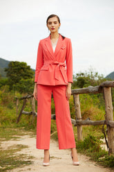 Peach V-Neck Belt Wide Leg Pantsuits - FashionByTeresa